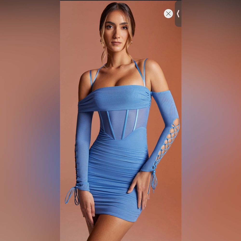 Rayar Lace Up Long Sleeve Corset Mini Dress in Blue
